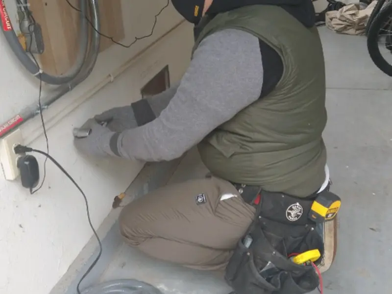 Electrician performing outlet wiring in a Westchester garage